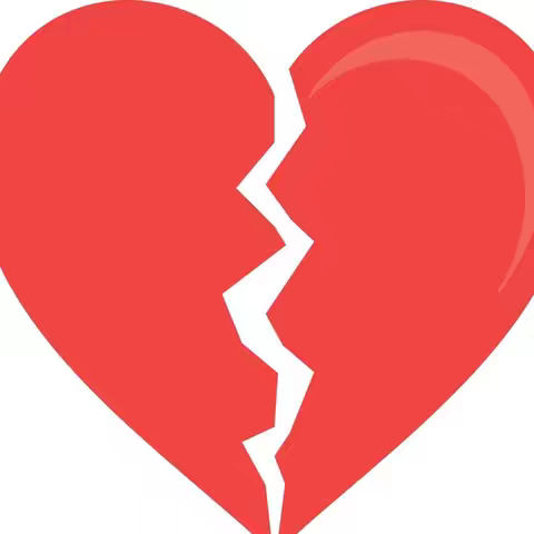 A red heart is bisected by a jagged white line. The heart is a solid, vibrant red and takes up most of the frame against a plain white background.