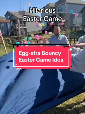 A cover image shows a backyard scene with a man and other people, likely playing a game. Overlayed text indicates an Easter-themed game. There are houses in the background and some colorful Easter eggs in the air.