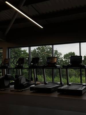 A gym interior with treadmills in front of large windows overlooking a green, tree-filled landscape. The scene is muted in tone, suggesting a dark, early morning.
