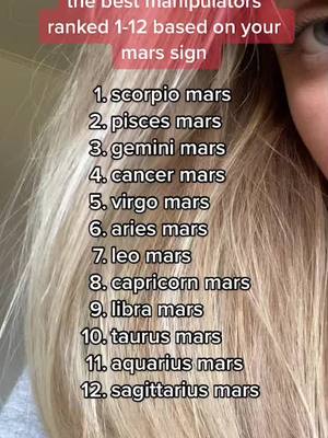 A close-up of a person's hair and part of their face. The hair is blonde and wavy, and a list of zodiac signs with a ranking from 1 to 12 is on the left side. The background is blurred, and the text is written in a vertical orientation.