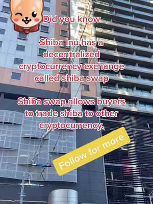 The cover image shows a tall building made of glass and concrete. Text overlay is placed on top of the building. An animated Shiba Inu character is present in the top left. A bright yellow banner with a 'Follow for more' call to action is placed at the bottom.