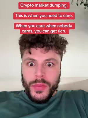A close-up shot of a man with wide eyes and a surprised expression. Overlaid text in rectangular boxes conveys a message related to the crypto market.
