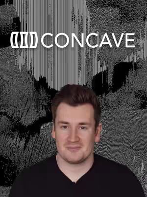 The cover image features a man centered against a background that is an abstract mix of black and white patterns. The man is wearing a black shirt and has a neutral expression. Above him, the text "CONCAVE" is displayed in a bold, white font within a distinctive logo shape. The overall composition is clean, with high contrast.
