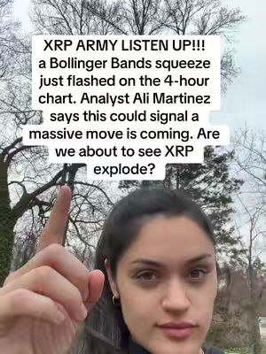 A woman with brown hair and pale skin is the central figure, pointing her right index finger upwards. She's set against a blurred background of leafless trees under a cloudy sky. Overlaid on this is a text box that describes potential market activity of a cryptocurrency called XRP, framed in white.