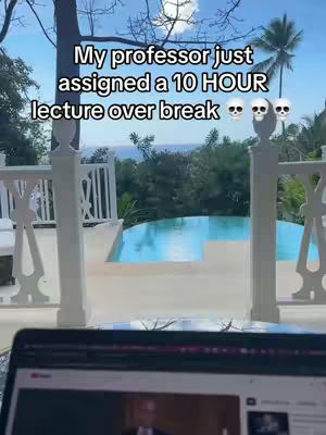 The image shows a laptop displaying a screen from a low perspective, likely in front of a pool and a scenic outdoor view. The top half has a text overlay describing the situation with cartoon skull emojis on the right overlayed in white font