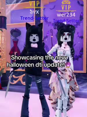 The cover image shows two avatars from a game, likely Roblox. One is a black cat character, and the other is a gothic character. There are text overlays, with a purple background that looks like an interior and the text overlay 'Showcasing the new Halloween dti update!'