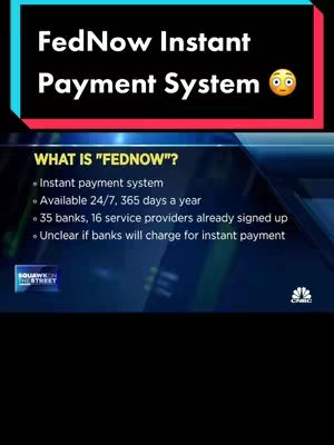 The cover image displays a news segment graphic discussing the FedNow Instant Payment System. The top features a black background with white text announcing 'FedNow Instant Payment System' along with a surprised face emoji. Below this, a split screen presents information with the headline 'WHAT IS "FEDNOW"?' followed by bullet points detailing it as an instant payment system, accessibility, and the number of banks signed up. The background has a gradient of blue and green, suggesting a technology or financial context.