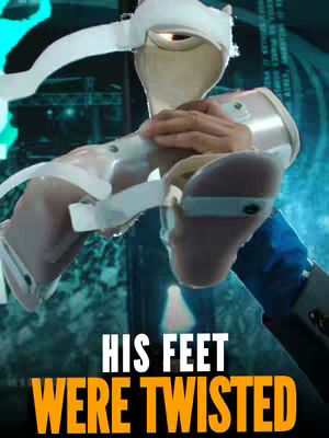 The cover image features a close-up of a person's feet encased in medical braces. The feet are positioned centrally, and are being held by hands, suggesting care or examination. The braces are white, and the background appears to be a blurred, teal and black gradient, providing a contrasting backdrop. Overlaid at the bottom is bold text that says, “HIS FEET WERE TWISTED”.