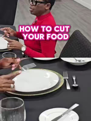 A person demonstrates proper table manners, including how to cut food with a fork and knife, against the backdrop of a dinner setting. The image includes a close-up of the person, a dining table with plates, cutlery, and a napkin, and a text overlay.