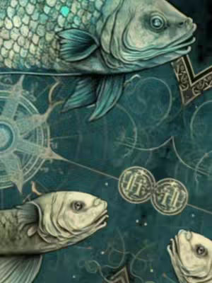An artistic image featuring several stylized fish against a dark teal backdrop adorned with celestial map-like designs and small, circular coins. The fish are rendered with detailed textures and a palette of greens and blues, and the overall composition has a mystical or historical aesthetic.