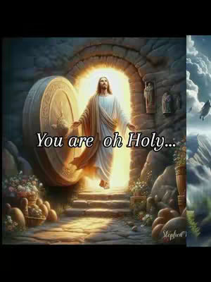 The image depicts a digitally created scene with a spiritual theme. In the center, a figure of Jesus Christ, characterized by long hair and a serene expression, is emerging from a golden doorway or entrance, likely a sepulcher. He is dressed in flowing white robes. The background features a stone archway with light emanating from within, suggesting divine presence. The setting includes stone steps in the foreground and a background with architectural elements, with the color scheme blending earthly tones with bright light reflecting the central figure.