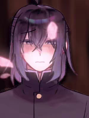 An anime-style illustration of a character with dark hair, downturned eyes, and a slightly flushed face, suggesting a blush. The character wears a dark school uniform with a gold button. Pink particles float near the face. The background is a blurred brown.