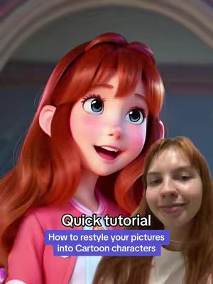 The cover image shows a person and a cartoon character side-by-side. The cartoon character is a female figure with red hair, pale skin, and blue eyes. The person next to her is also a female with reddish-brown hair, fair skin, and a casual look. A text overlay provides instructions on how to transform pictures into cartoon characters.