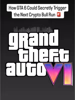 The image features the Grand Theft Auto VI (GTA 6) logo against a dark gray background, incorporating a stylized cityscape silhouette subtly behind the text. At the top of the image, a white rectangular box contains the text, "How GTA 6 Could Secretly Trigger the Next Crypto Bull Run," with a small red icon. The text "GRAND THEFT AUTO VI" is rendered in a bold, white, sans-serif font, with the "VI" in vibrant colors of purple, orange, and yellow. The overall composition is clean and attention-grabbing, designed to appeal to gamers and crypto enthusiasts.