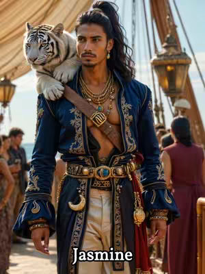 A man with long, dark hair and a serious expression stands with a white tiger draped over his shoulder. He is dressed in an ornate, open tunic with gold accents and jewelry, with a pirate ship setting in the background. The word Jasmine is written in a white text at the bottom.