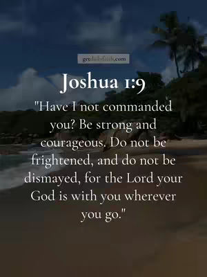 The cover image shows a serene beach scene with a blue sky and white clouds in the background. Overlayed on the image is text from Joshua 1:9, presented in a clean, readable font.