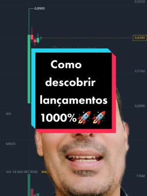 A man with a smile is positioned in front of a chart displaying stock data, with a colored frame and hooked text on a colored background. The text discusses token launches and gains.