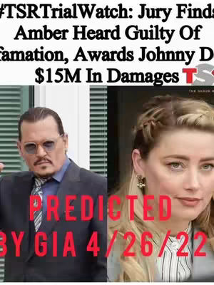 The image is a split-screen featuring Johnny Depp on the left and Amber Heard on the right with text overlays. Johnny Depp is in a suit, looking slightly to the side, while Amber Heard is wearing a striped shirt or blouse. The text includes news headlines regarding the verdict of the defamation trial between the two.