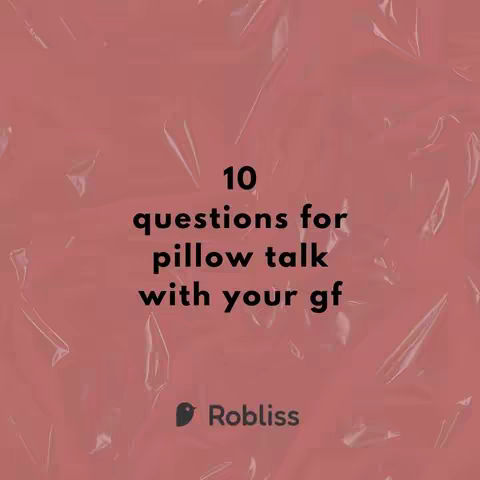 A textured, reddish-pink background with a transparent, crumpled plastic wrap effect. Centered are black text elements: the number "10", the phrase "questions for pillow talk with your gf", and a logo that says "Robliss".