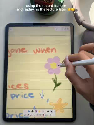 A person is drawing on a tablet that has a yellow digital paper background with colorful drawings on it. The title is written on the top of the tablet. Beside the tablet is a computer mouse and a plant. Also, part of a hand is holding a pen. The person is drawing a flower using a pen on the tablet.