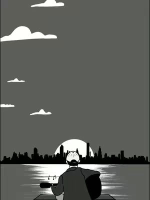 A grayscale illustration depicts a man sitting on what appears to be a dock or boat, facing away from the viewer and looking at a cityscape at sunset. Above, there are stylized clouds in the sky. The image uses a minimalist style with a limited color palette: white, black, and shades of gray.