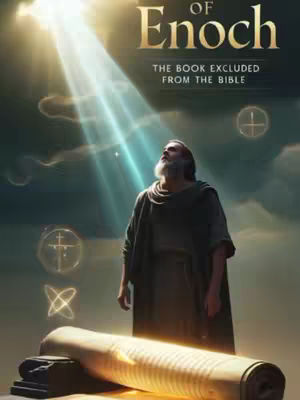 An illustration of a man looking up at a bright light which is coming through the clouds. The book on the bottom of the image with text overlay at the top, "THE BOOK EXCLUDED FROM THE BIBLE."