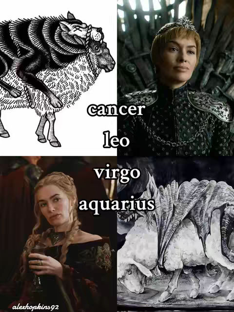 The image is a collage divided into four quadrants. The upper left quadrant shows a black and white illustration of a sheep with a wolf or dog-like creature on its back. The text 'cancer leo' is overlaid on the sheep. The upper right quadrant features a person with short hair wearing a dark, embellished outfit. The lower left quadrant shows a person with long hair and a dark dress holding a glass with an inscription in the bottom left corner. The lower right quadrant displays another illustration of a sheep-like creature, with stylized wings or appendages, in black and white. The text 'virgo aquarius' is overlaid on the lower half of the image.