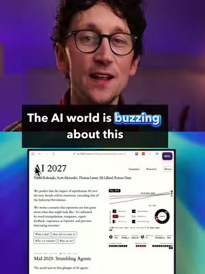 A man with glasses is in the foreground, speaking to the camera. Behind him, a webpage titled 'AI 2027' is displayed. The screen is framed by a dark blue and purple gradient.