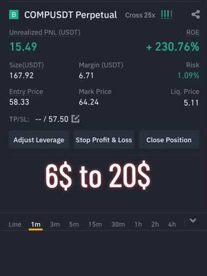 A mobile screen displaying a trading platform interface with financial data, including profit, size, entry price, and other metrics. The overlayed text "6$ to 20$" is prominently displayed, attracting attention to the potential gains.
