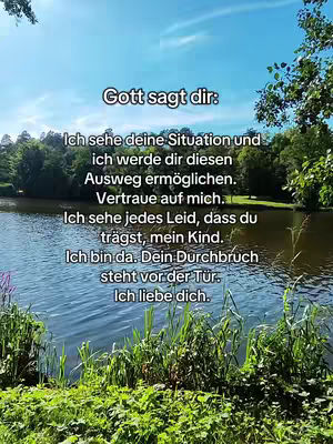 A vertical shot over a lake, with a green grassy bank in the foreground and trees and a clear blue sky in the background. Text overlays are centered in the image, with light text on a darker background.