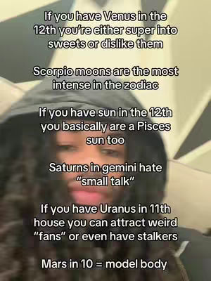The cover image shows a close-up of a person, likely female, with long, dark hair and a hoodie, against a light-colored background. Text overlays list astrological observations, written in a white font.