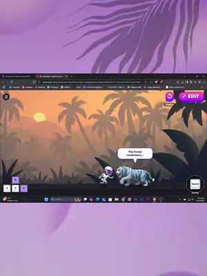 The image shows a laptop screen displaying a game environment with a jungle background. A white avatar figure and a white tiger are standing in the lower center. A speech bubble above them says 'the forest remembers...'. The top of the image has a blurred purple background design. Purple color dominates the color scheme.