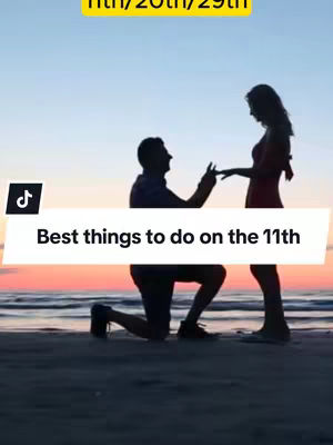 A silhouette shot of a couple at the beach during sunset. The man is kneeling, as if proposing, and the woman is standing, facing him. The sky has hues of orange and pink, with water in the background. Text bars overlay the image.