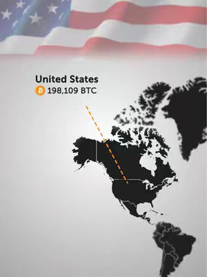 The cover features a stylized world map emphasizing North America. The upper portion shows a waving American flag. Below, a map of North America is displayed in black against a light grey background. Text indicating "United States" with a Bitcoin symbol and the amount of BTC holdings appears near the US outline. A dotted line connects the text and a specific location on the US map.