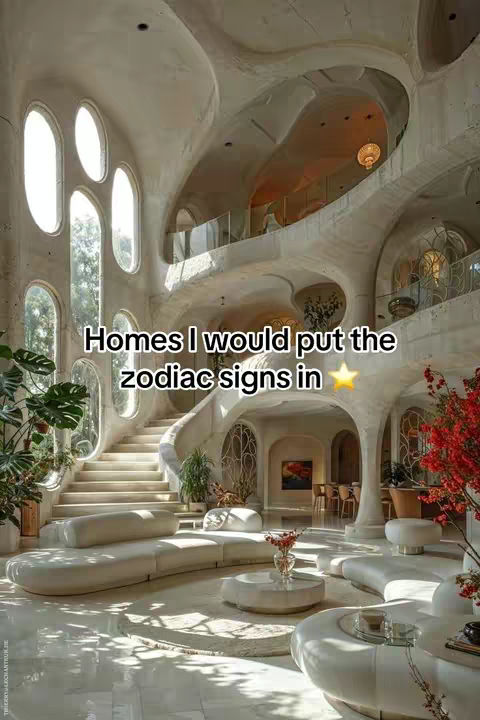 A luxurious, modern interior featuring high ceilings and multiple levels. The space is dominated by soft, curved architectural elements in shades of beige and white, with large windows and a prominent staircase. Text overlays the image.