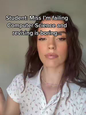 A cover image featuring a woman with long brown hair against a soft background. She's wearing a white collared shirt with a floral pattern and a delicate necklace. The text overlay at the top states, 'Student: Miss I'm failing Computer Science and revising is boring...'