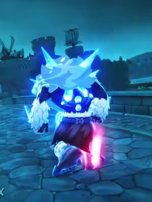 The image showcases a character from a video game, viewed from behind and slightly below, set against a background of a digital landscape. The character is a muscular figure with a detailed, glowing blue and white spiked head, a dark, armored chest, and a maroon skirt-like garment. A bright pink light trail emanates from the character's lower body, suggesting movement or energy. The background features a cityscape with castle-like structures, all rendered in shades of blue and grey, hinting at a nighttime or twilight setting.