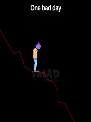 The image shows a cartoon figure with an animal-like head, standing hesitantly on a downward-sloping line against a black background. Above the figure, the words 'One bad day' are displayed. The line is red, mimicking a graph that is declining. The figure has a blue and purple head, a yellow shirt, and blue pants, suggesting a sense of dejection.
