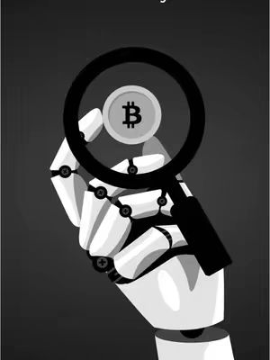 A stylized, black and white image featuring a robotic hand holding a magnifying glass focused on a Bitcoin coin. The hand and coin are sharply detailed against a dark gray background.