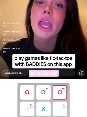 A woman with long, dark hair is shown from the chest up, her mouth open as if speaking. Text overlays appear, including a call out for gameplay on an app. Below, a tic-tac-toe board shows a game in progress.