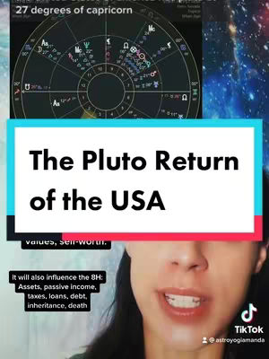 A cover image featuring a split-screen effect. The top half displays an astrological chart with various symbols and the text "27 degrees of capricorn." The bottom half shows a woman with text overlays, including "The Pluto Return of the USA" and additional text detailing astrological influences.