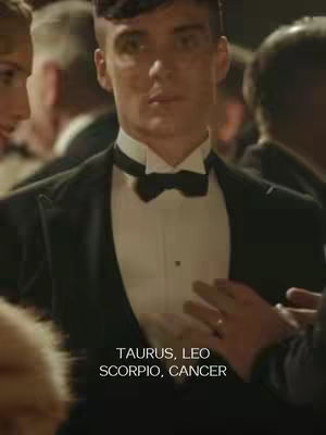 A man in a formal outfit, likely a suit with a bowtie, is the central focus, surrounded by a blurred background of what appears to be a social gathering. Text overlay at the bottom indicates astrological signs Taurus, Leo, Scorpio, and Cancer. The lighting seems dim with warm tones.
