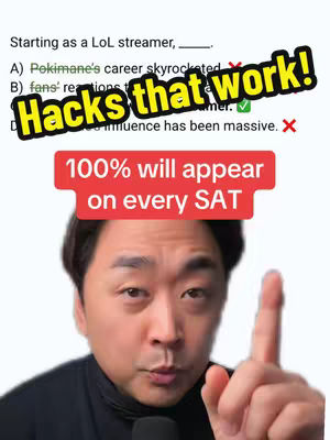 A man with dark hair and a black shirt points his index finger upwards. Text overlays include 'Hacks that work!' in a yellow and black box, and a red strip that says '100% will appear on every SAT'. A question with multiple choice answers are partially visible in the upper left corner.