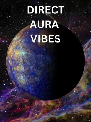 An artistic cover image featuring planet Mercury, partially in shadow on the right, against a backdrop of a colorful nebula in space. The top text says 'DIRECT' and the bottom text says 'VIBES', with 'AURA' in between these words.