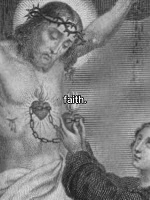 A grayscale image depicting a religious scene. The central figure, Jesus, is shown on a cross with a crown of thorns and a glowing heart symbol on his chest. Another person is reaching out to him. Text overlayed on the image reads 'faith.'