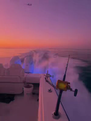The cover image captures a boat speeding across the water at sunset. The perspective is from the back of the boat. The sky transitions from orange to purple, reflecting on the water. Fishing rods are visible.