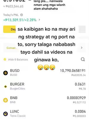 The image is a screenshot of a crypto trading platform. There are numerical data in the top-left corner, and it appears to include elements of user interface, currency pairs (such as BUSD, BURGER, BNB, and LUNC), and performance indicators.