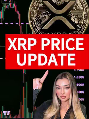 A cover image with a woman in the foreground pointing to a red banner that says "XRP PRICE UPDATE". Behind her is a graph with data points and a large XRP coin graphic and logo. The background has a dark, potentially financial-related chart. The woman has long blonde hair and a black top.