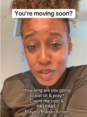 The cover image shows a close-up of a woman's face, with her eyes focused towards the viewer. Above her head is a white text box with black text that says "You're moving soon?" Below this is a series of text lines with an inspirational message related to action and prayer. The background is a light-colored wall.