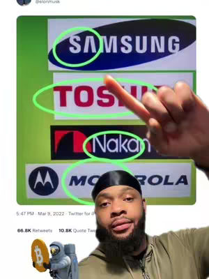 A selfie-style image featuring a Black man with a trimmed beard wearing a black durag. He's pointing at a screenshot of a Twitter post, highlighting the logos of companies like Samsung and Toshiba, with a focus on "Nakan" from a company logo. A Bitcoin-themed gold coin and a cartoon astronaut are visible in the lower left, adding a crypto-currency theme to the overall message, hinting at the identity of Satoshi Nakamoto.